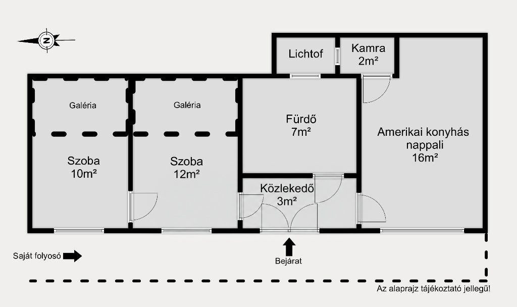 A Ferenc körúti 50 m²-es eladó lakás alaprajza: két galériás szoba, amerikai konyhás nappali, fürdőszoba, közlekedő és kamra